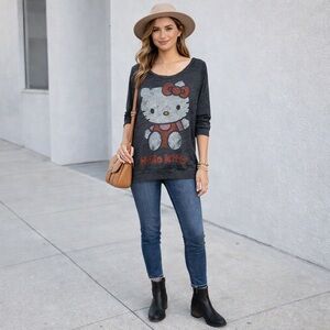 Hello Kitty Sanrio Distressed Gray Marbled Long Sleeve Tee Shirt Top Size XLarge